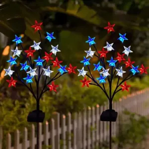 Quntis Solar-Powered Patriotic Branch Stake Lights – Red, White, Blue Star LED Lights for Independence Day & Christmas Decor, Set of 4 With 2Models