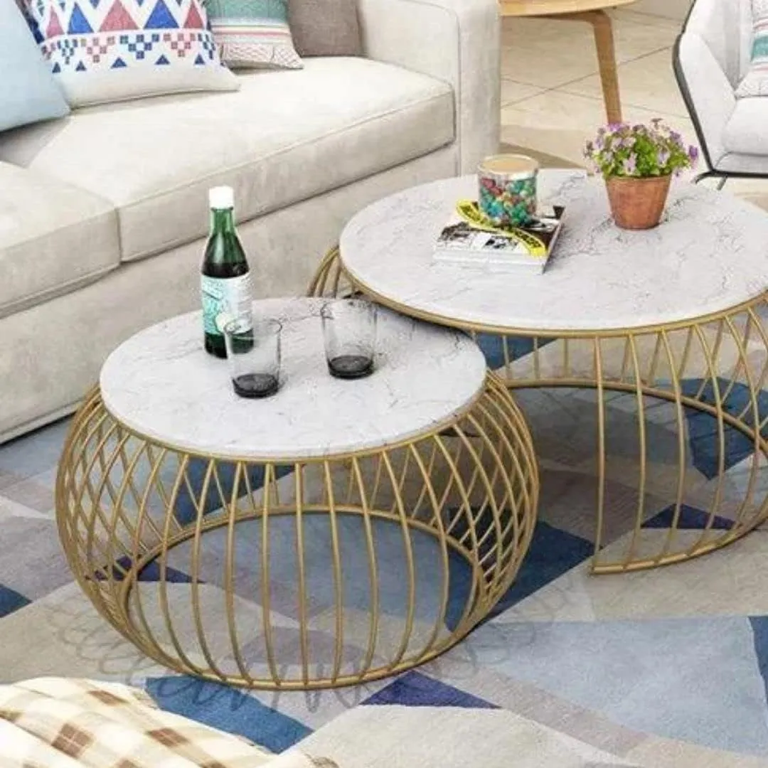 RIBAVARY™ Round Modern Nesting Coffee Table Set of 2, Stacking Living Room Accent Tables, Center Tablen (Golden & White)