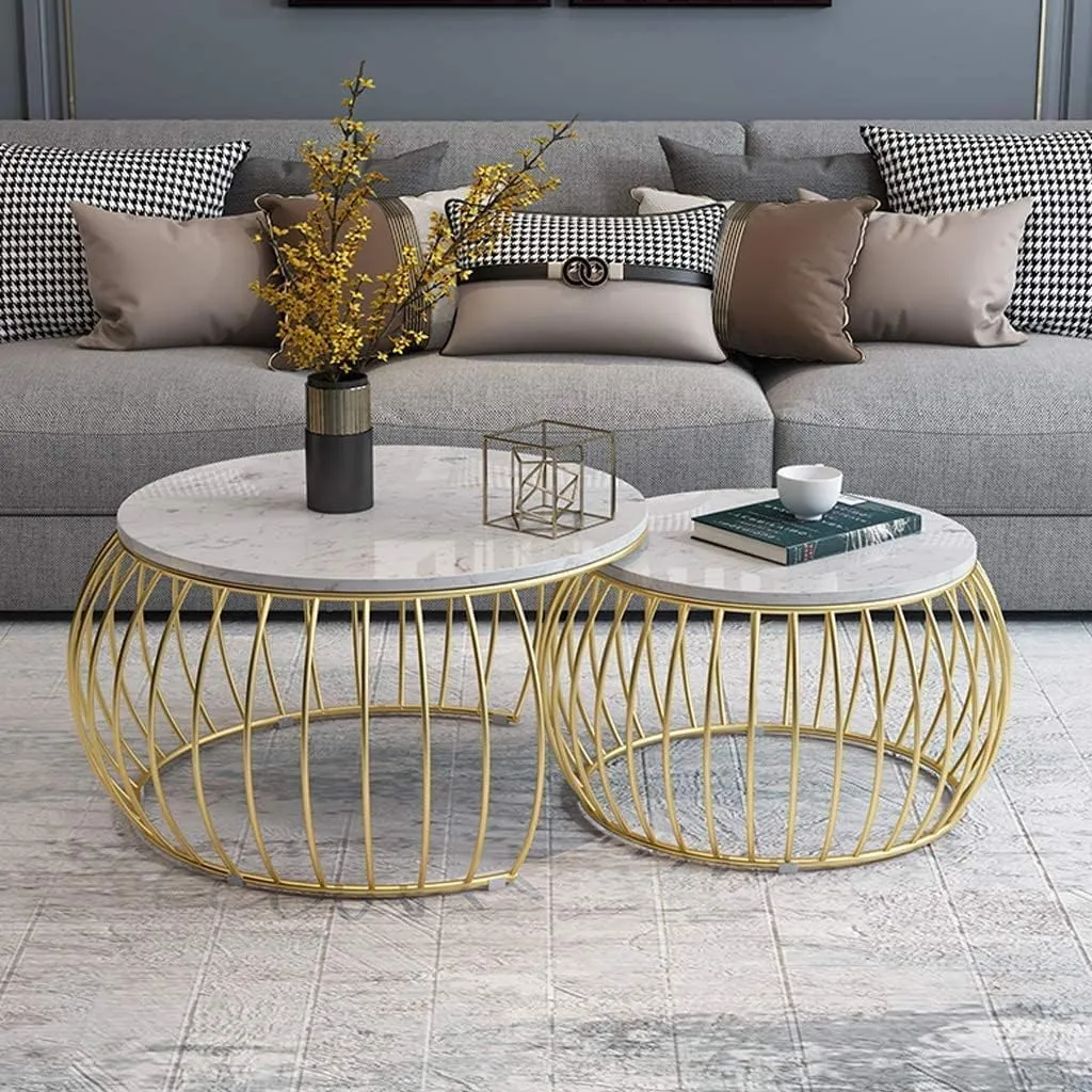 RIBAVARY™ Round Modern Nesting Coffee Table Set of 2, Stacking Living Room Accent Tables, Center Tablen (Golden & White)