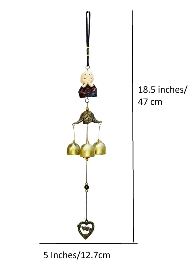 Ryme Buddha Monks Statues Wind Chimes with 3 Bells Wall Hanging for living room, bedroom, meditation space, or even outdoors (Mix Design)