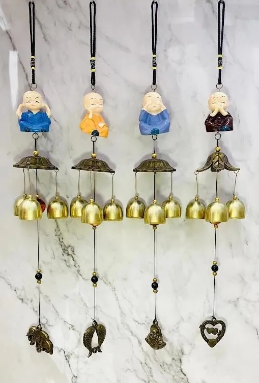 Ryme Buddha Monks Statues Wind Chimes with 3 Bells Wall Hanging for living room, bedroom, meditation space, or even outdoors (Mix Design)