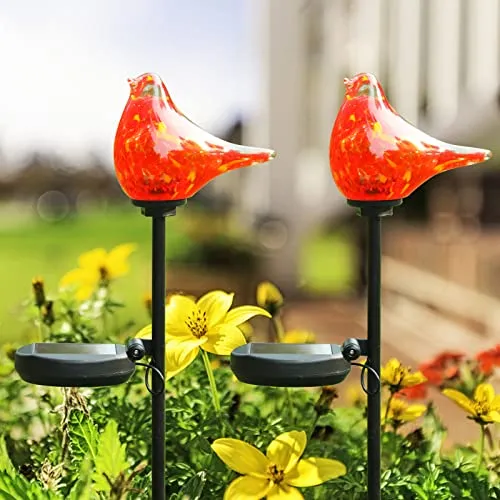 Solar Garden Lights Outdoor Decorative - Cardinal Solar Garden Stake Lights Handblown Glass Garden Stake Decorative Solar Pathway Lights for Garden, Lawn, Patio, Yard(2 Pack)