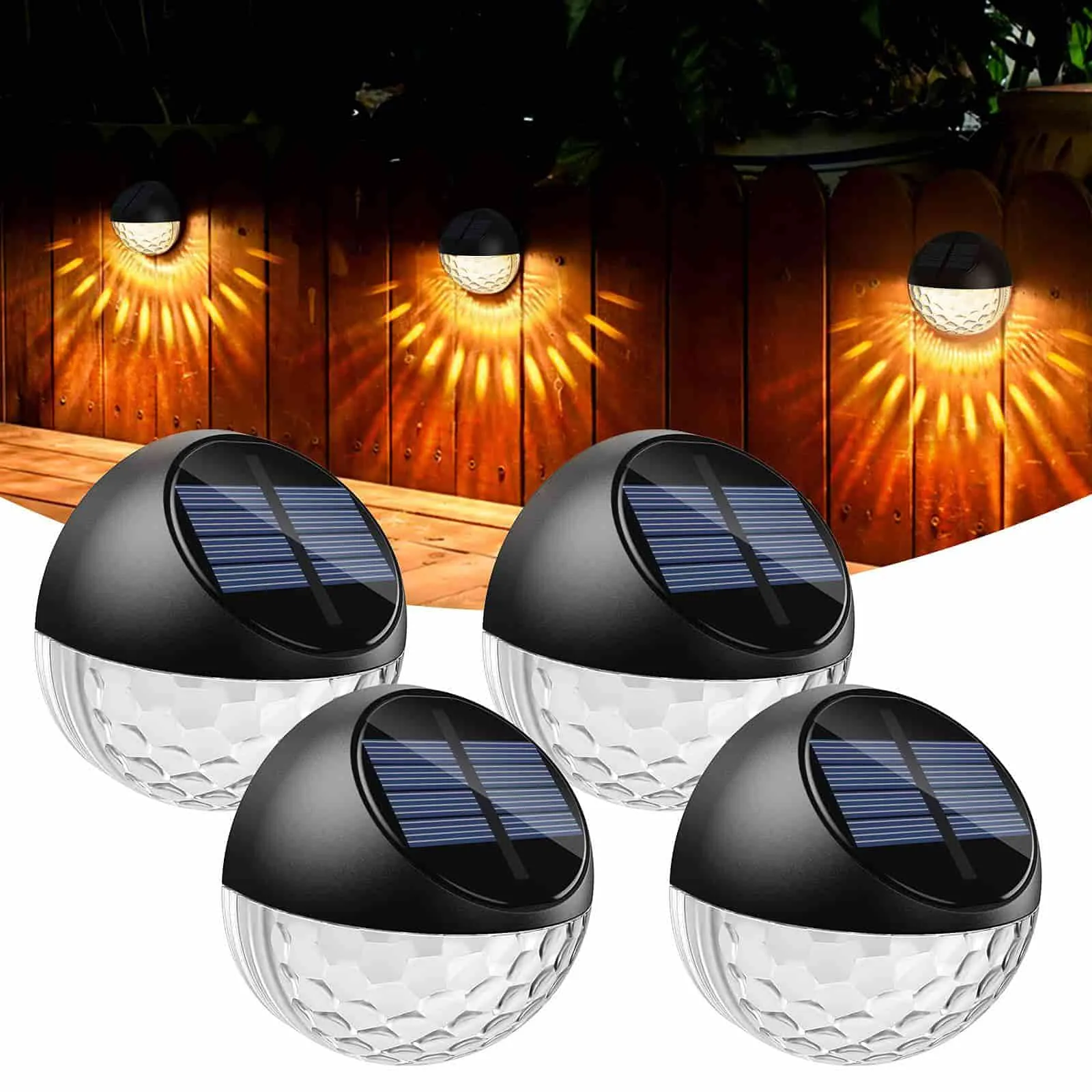 Solar Lights Outdoor 4Pack,IP65 Waterproof Solar Fence Lights,Auto On/Off LED Solar Lights,Warm White Solar Garden Lights for Wall Deck Post Patio Yard Stairway Path Porch