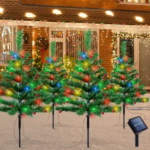 timeless Christmas Decorations Outdoor 4 Pack Solar Christmas Tree with 80pcs Multi-Color C6 Snowflake Led Lights 8 Lighting Modes Waterproof Pathway Lights for Outside Garden and Yard Patio 4 Red Fruit Lights