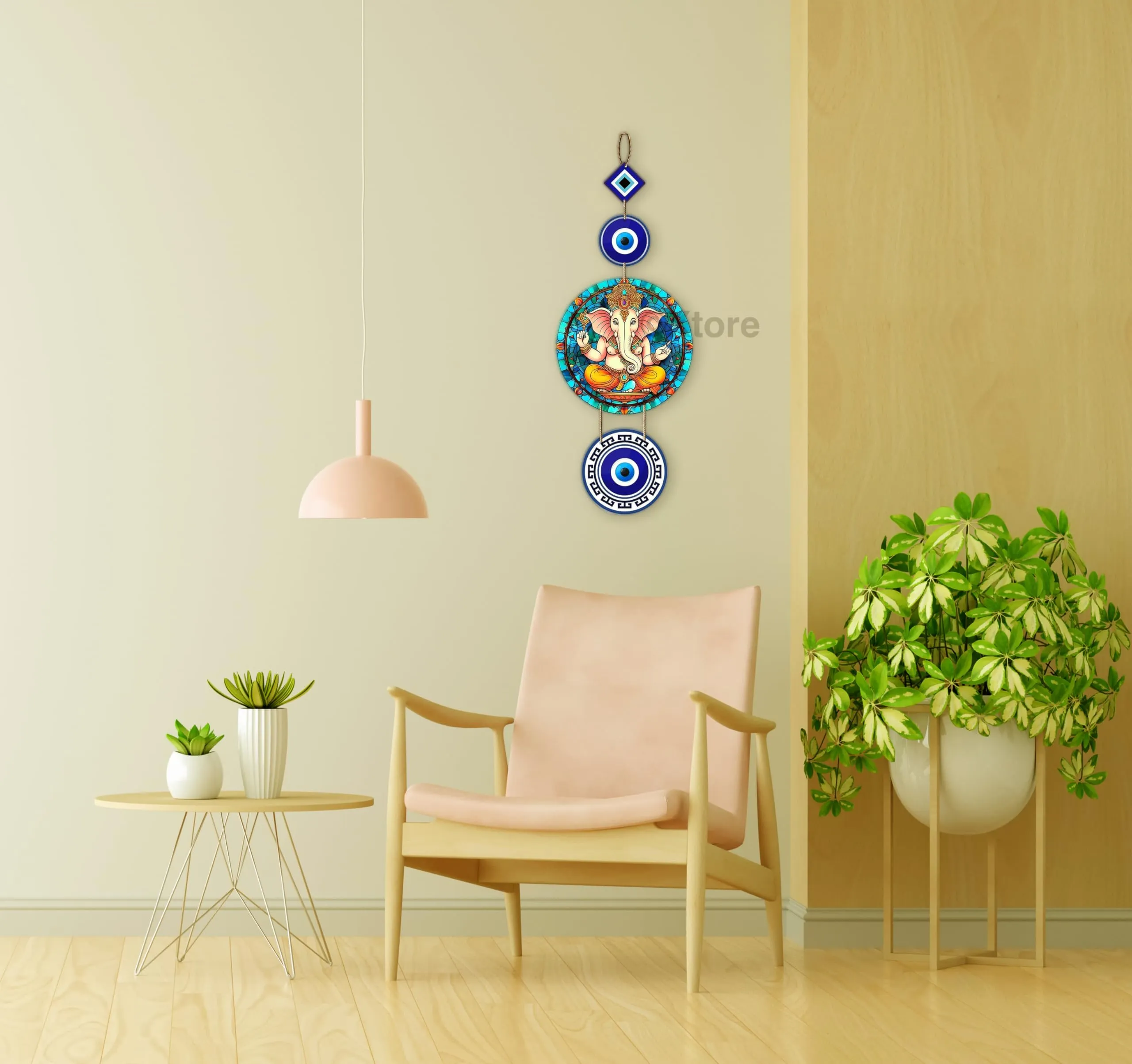 Xtore Decorative Wall Art MDF Wooden Hanger for Living Room | Bedroom | Office | Kitchen | Evil Eye | Nazar Raksha | With Modern Ganesha Home Decor - Pack of 1