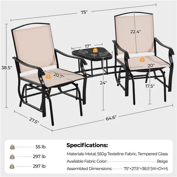 Yaheetech Outdoor Glider Chairs with Glass Table Rocking Chairs